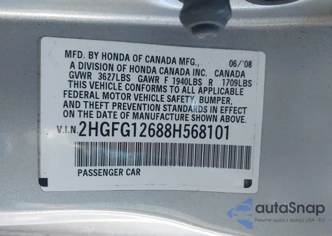 2008 Honda Civic Lx z USA, uszkodzony, nr VIN 2HGFG12688H568101